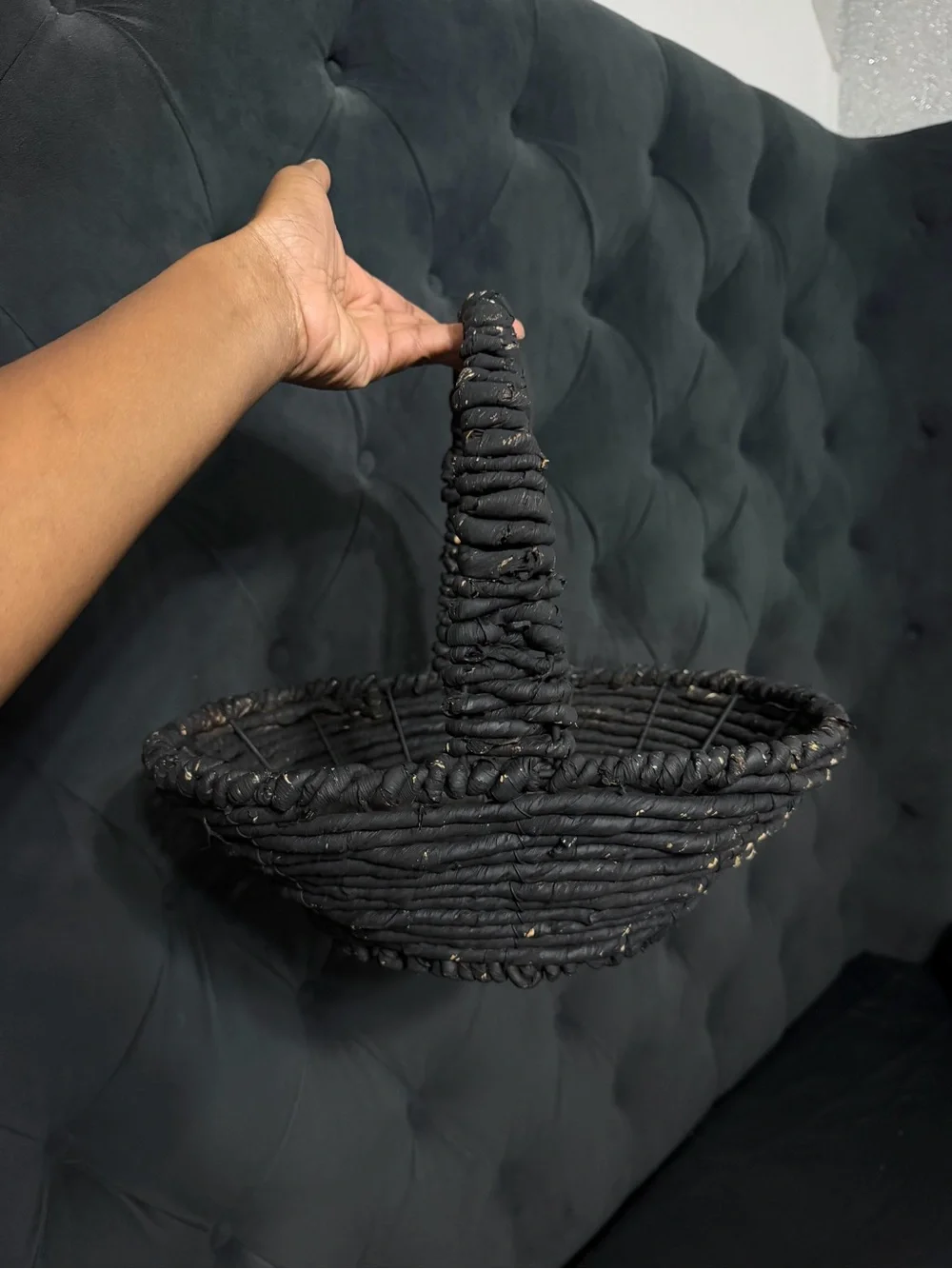 Picnic Black Woven Decorative Basket with Handle